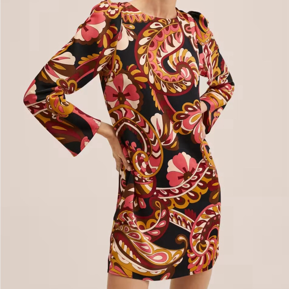 Mango Printed Mini Dress with Balloon Sleeves Women’s Size 2 NWT